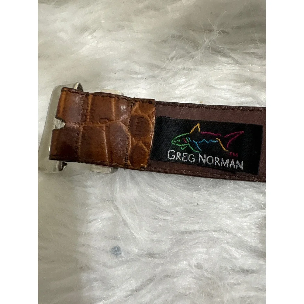 Greg Norman Brown Croc Embossed Leather Belt Silver Shark Logo Buckle Mens 37-40